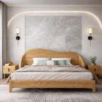 Scandinavian Wooden Bed with Curved Headboard – Minimalist Design