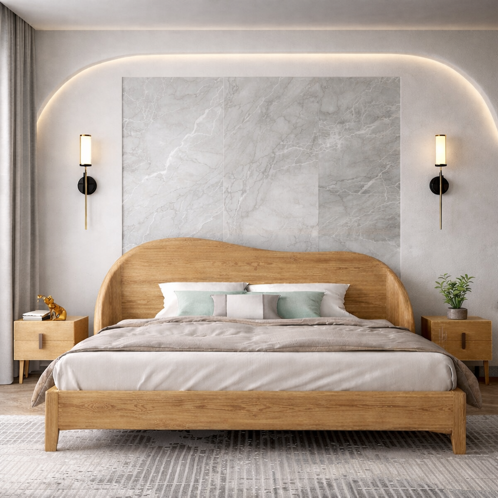 Scandinavian Wooden Bed with Curved Headboard – Minimalist Design