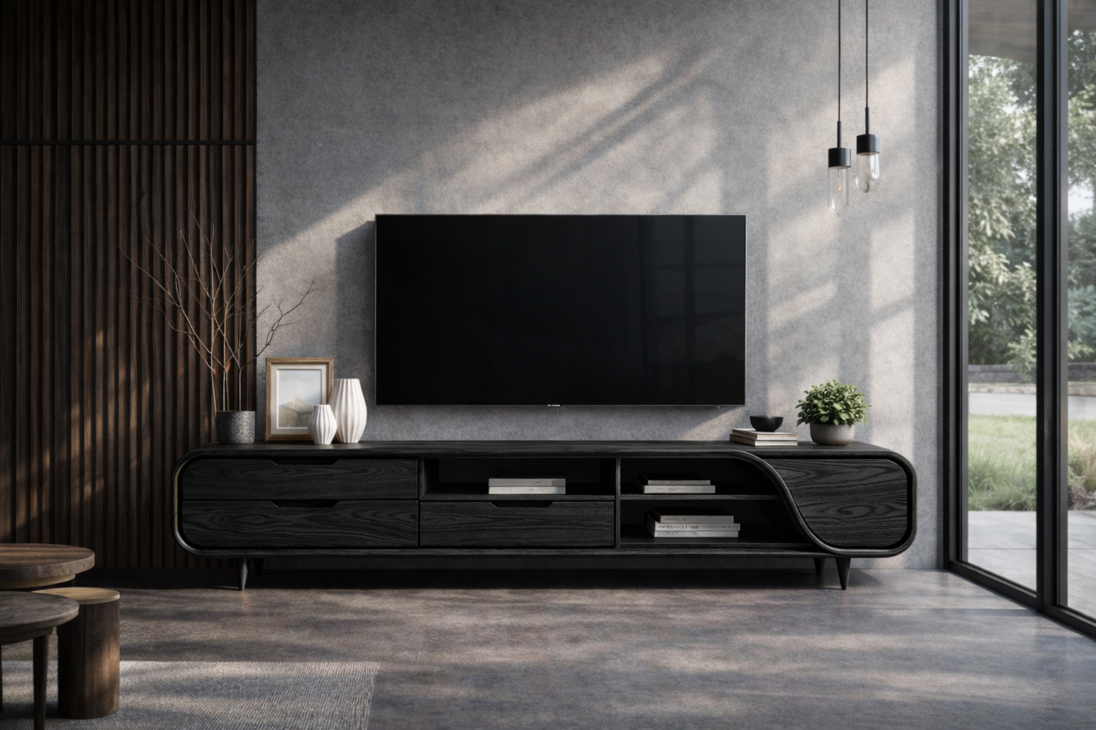 Solid Wood Curved Media Console – Low Profile TV Stand
