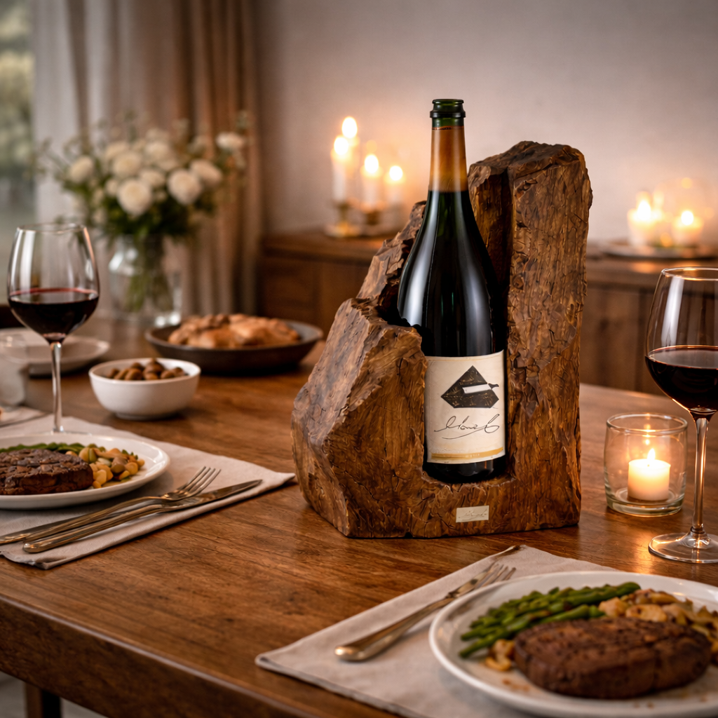 Hand-Carved Solid Wood Wine Holder for Sculptural Bottle Display