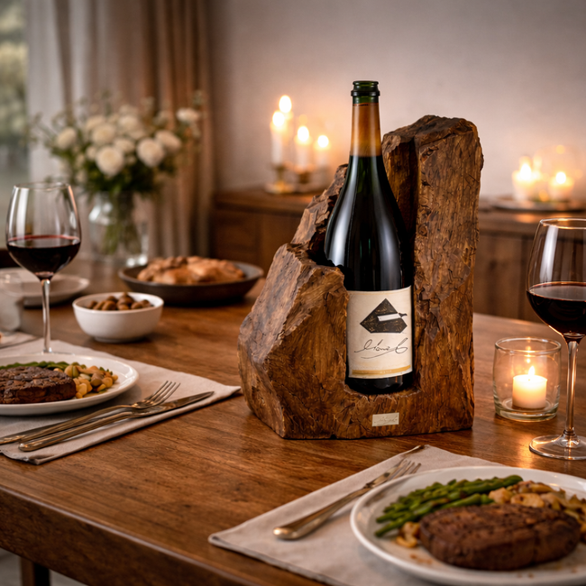 Hand-Carved Solid Wood Wine Holder | Sculptural Natural Wood Bottle Display Hover Image