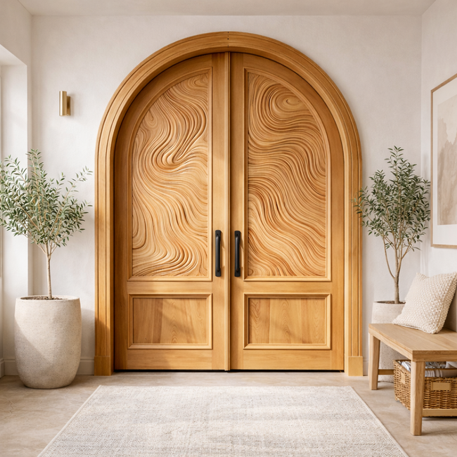 Arched Solid Wood Double Door | Hand-Carved Modern Luxury Entryway Door Main Image