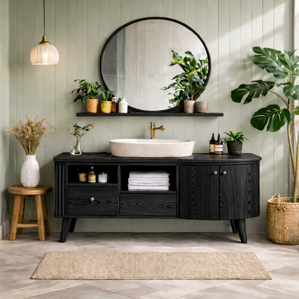 Mid-Century Bathroom Vanity – Wooden Vanity with Round Mirror and Storage