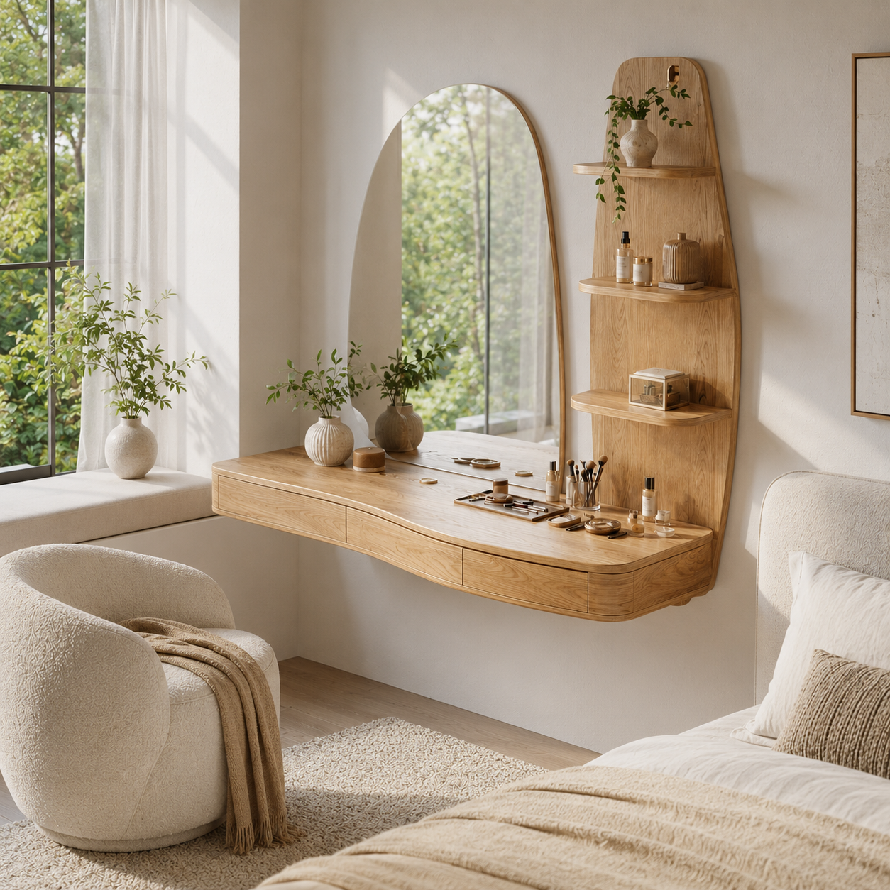Floating Wood Vanity Desk – Solid Wood Wall Mounted Makeup Table for Bedroom Decor