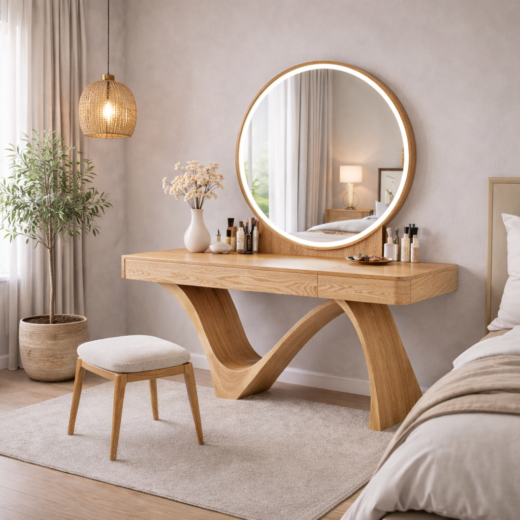 Modern Solid Wood Vanity Table with Round Mirror – Sculptural Set