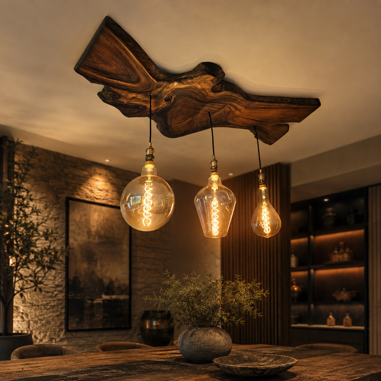 Live Edge Pendant Light – Solid Wood Ceiling Lamp with Hanging Bulbs