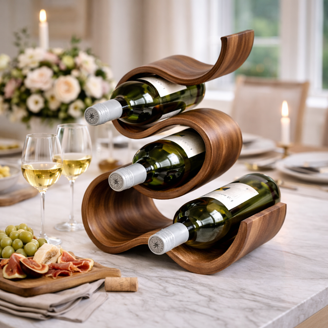 Sculptural Solid Wood Wine Rack | Hand-Carved Curved Bottle Holder Hover Image