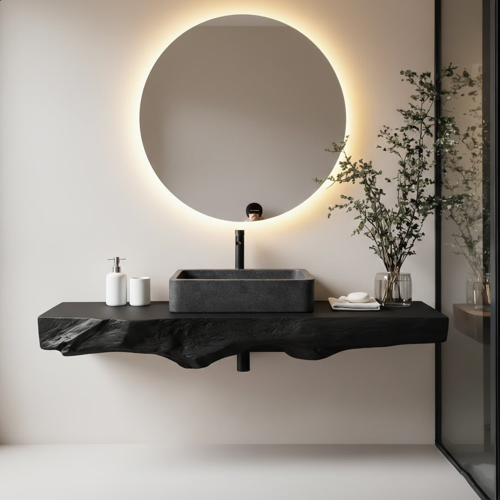 Floating Bathroom Shelf – Natural Wood Shelf with Circular Mirror