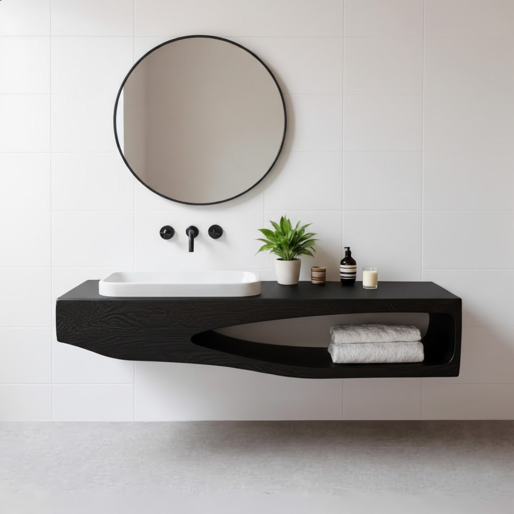 Natural Wood Bathroom Vanity with Round Mirror – Wall-Mount Shelf Set