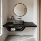 Natural Wood Bathroom Vanity with Round Mirror – Wall-Mount Shelf Set