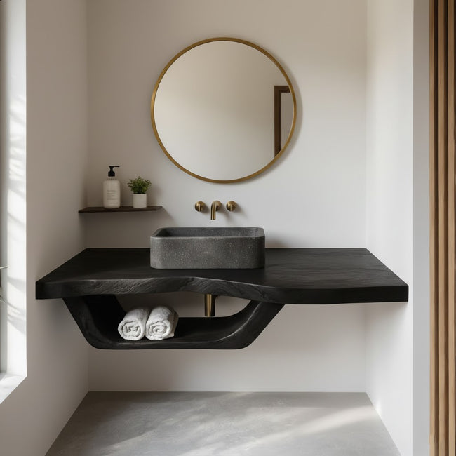 Natural Wood Bathroom Vanity with Round Mirror – Wall-Mount Shelf Set Main Image
