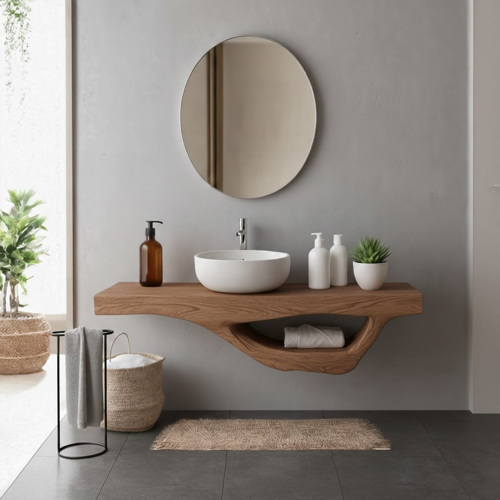 Floating Bathroom Shelf – Natural Wood Shelf with Square Mirror