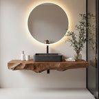 Floating Bathroom Shelf – Natural Wood Shelf with Circular Mirror