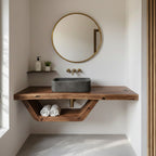Natural Wood Bathroom Vanity with Round Mirror – Wall-Mount Shelf Set