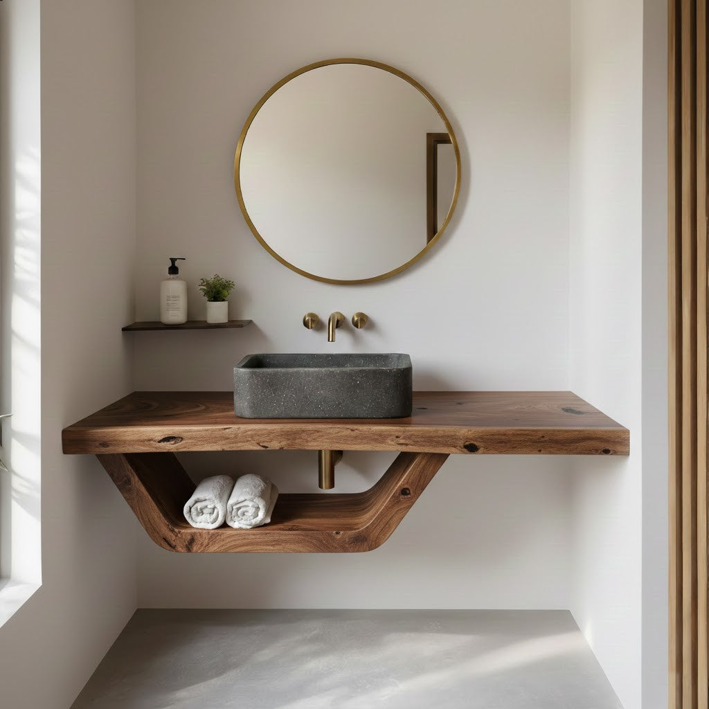 Natural Wood Bathroom Vanity with Round Mirror – Wall-Mount Shelf Set