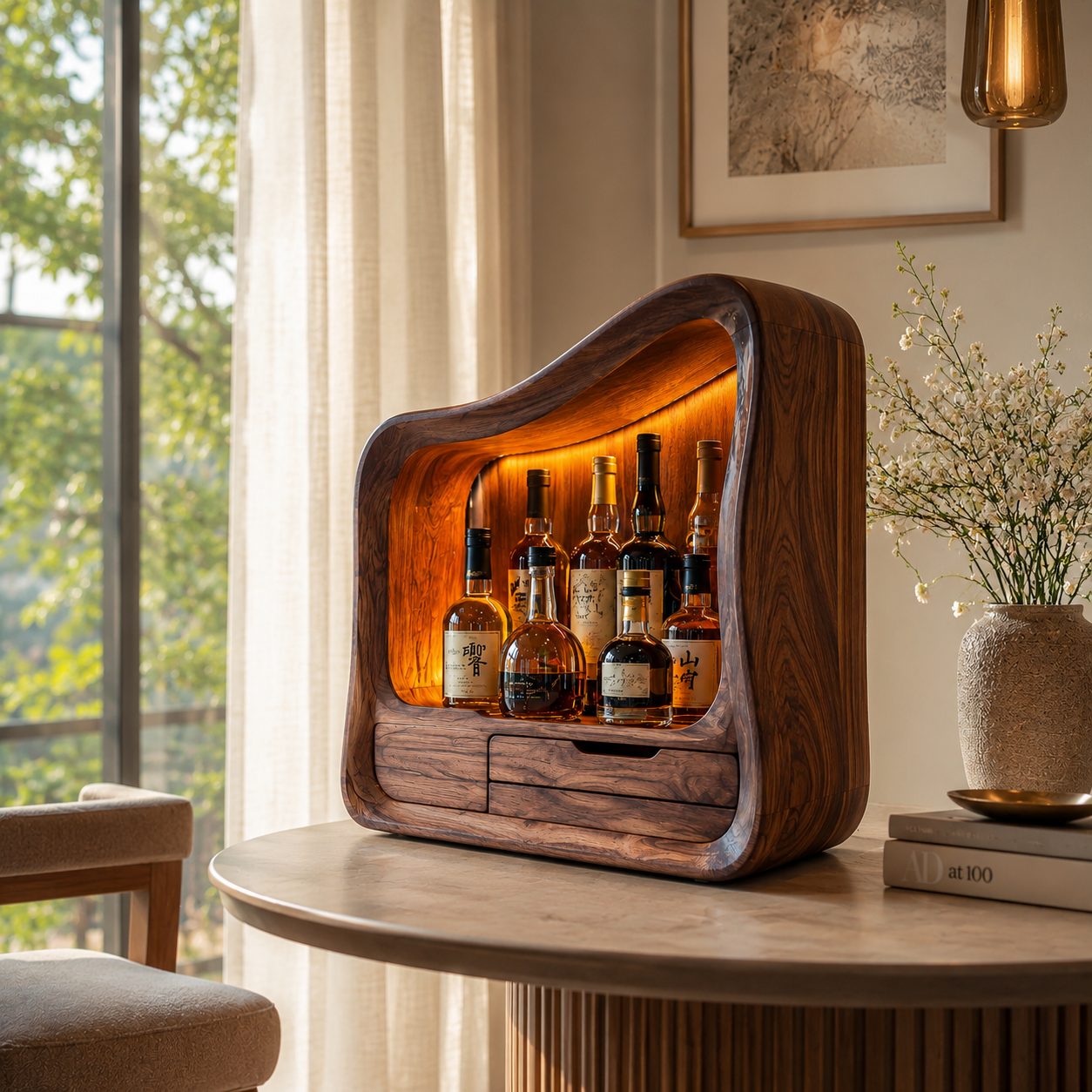 Sculptural Wood Display Cabinet – Solid Wood Lighted Storage Cabinet for Living Room Decor