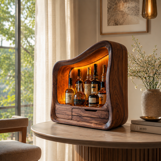 Sculptural Wood Display Cabinet – Solid Wood Lighted Storage Cabinet for Living Room Decor Hover Image