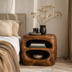 Handcrafted Solid Wood Nightstand – Sculptural Bedside Table with Open Storage