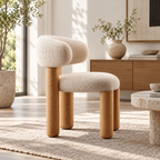 Curved Bouclé Dining Chair with Solid Wood Legs