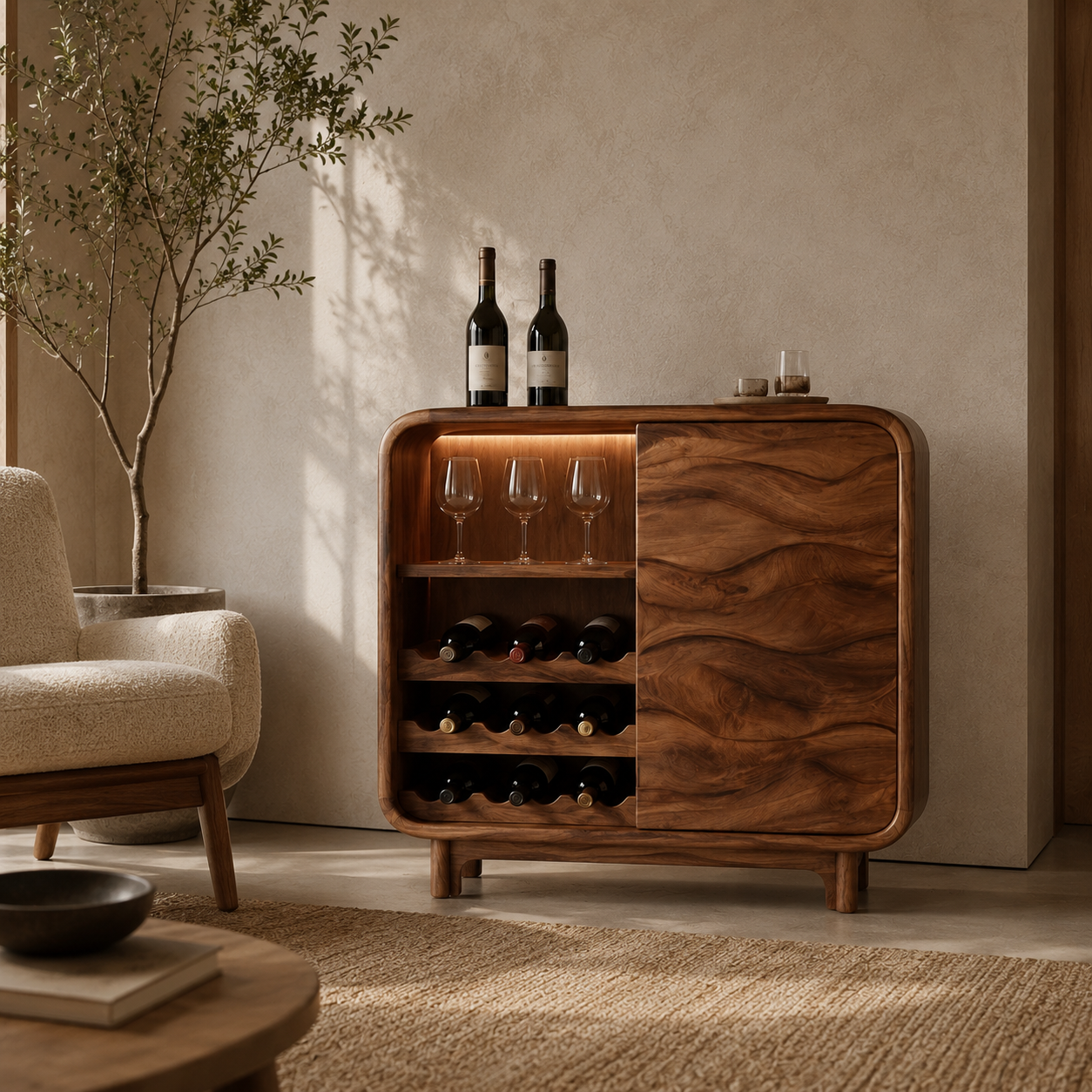 Solid Wood Wine Cabinet – Rounded Wood Bar Storage Cabinet with Wine Rack for Living Room Decor