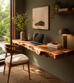 Live Edge Solid Wood Floating Desk – Modern Wall Mounted Wooden Desk for Home Office