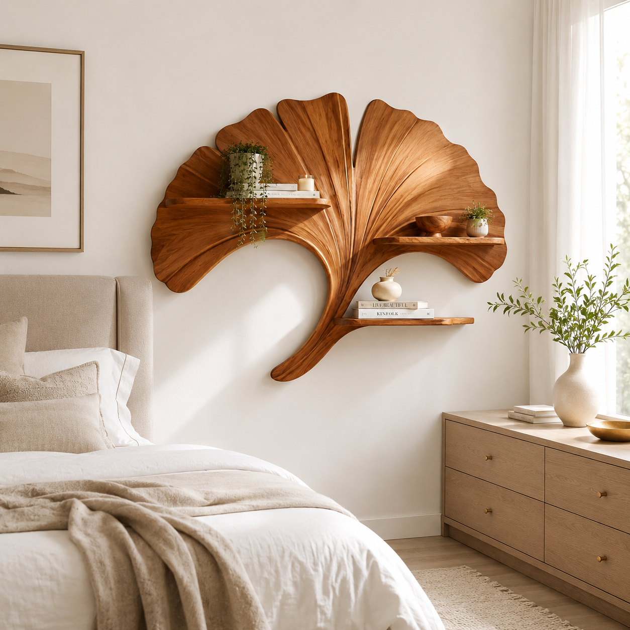 Ginkgo Leaf Wood Wall Shelf – Solid Wood Floating Display Shelf for Living Room Decor