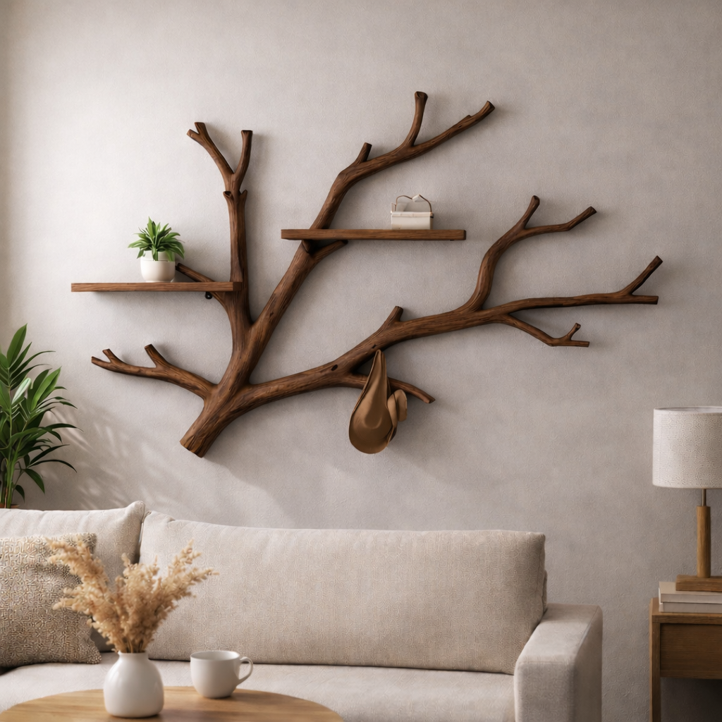 Rustic Solid Wood Branch Wall Shelf for Living Room Decor