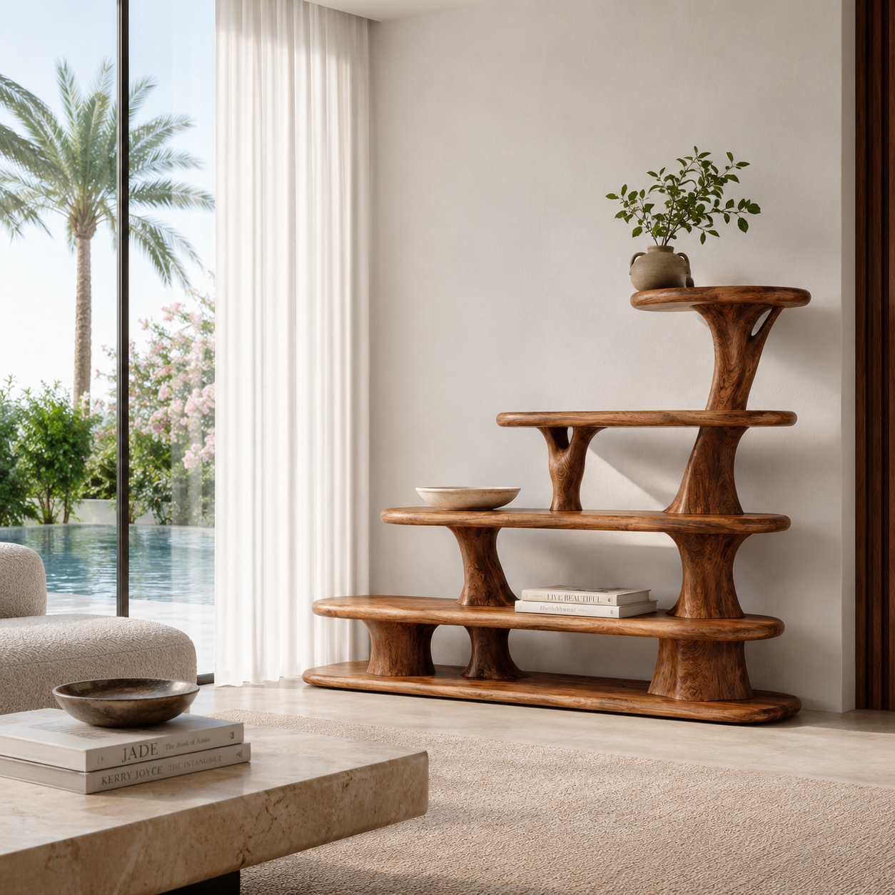 Sculptural Tiered Wood Display Shelf