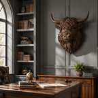 Highland Cow Wood Wall Art – Solid Wood 3D Animal Head Sculpture for Living Room Decor