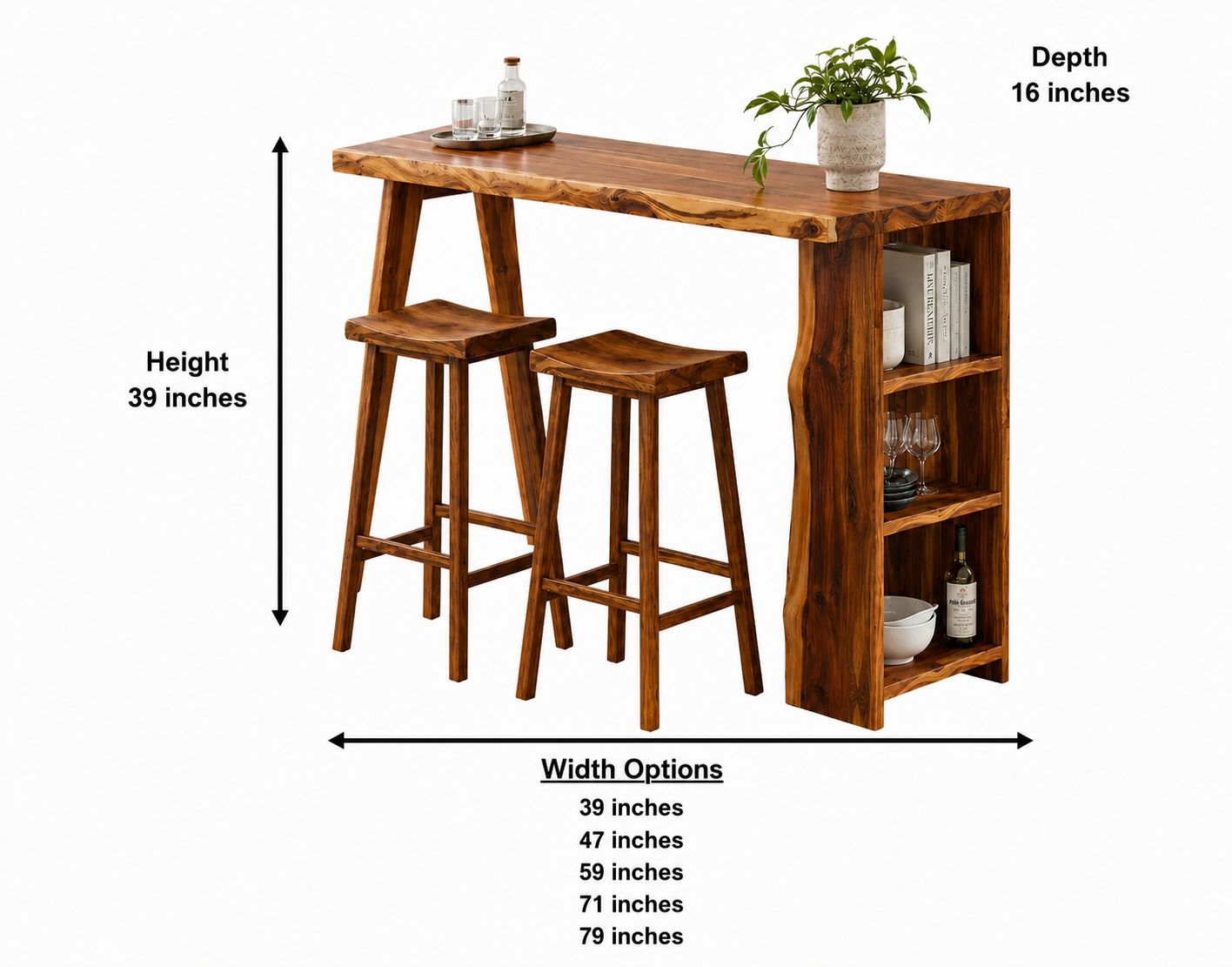 Live Edge Wood Bar Table Set – Solid Wood Kitchen Bar Counter with Storage and Stools