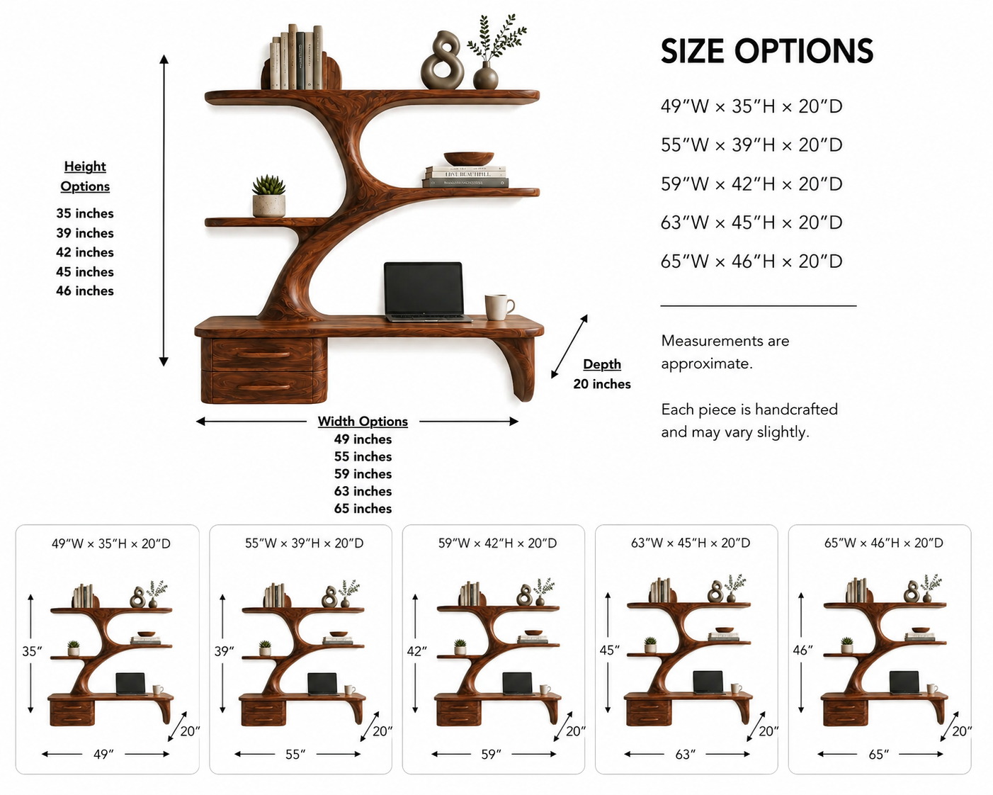 Tree Branch Wood Floating Desk – Solid Wood Wall Mounted Computer Desk for Home Office Decor