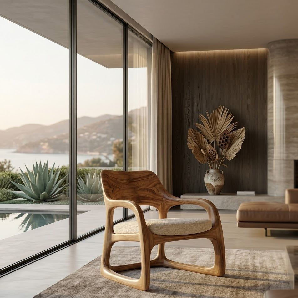 Sculptural Lounge Chair – Solid Wood Accent Chair with Cushioned Seat