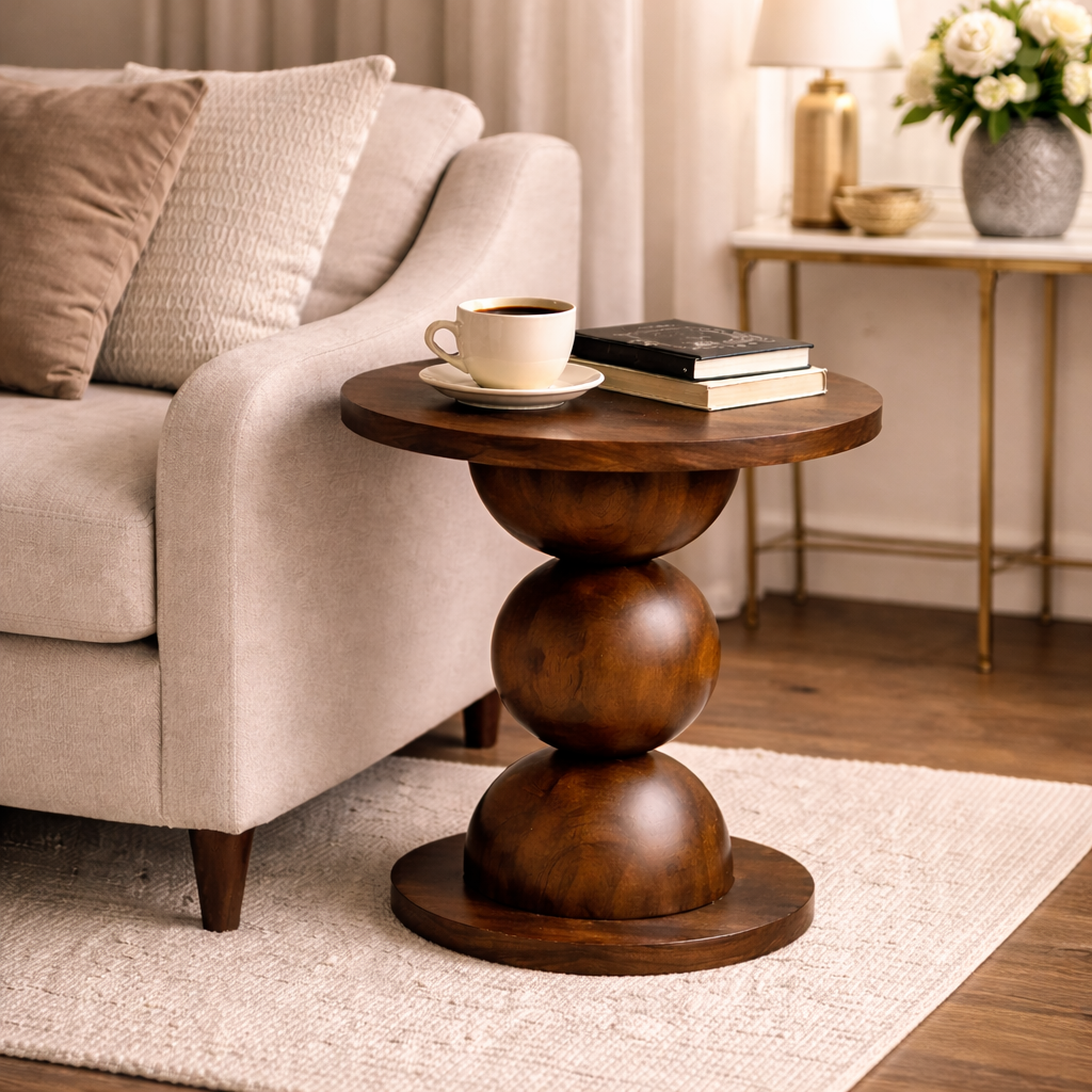 Pedestal Side Table – Sculptural Solid Wood Table with Stacked Sphere Base