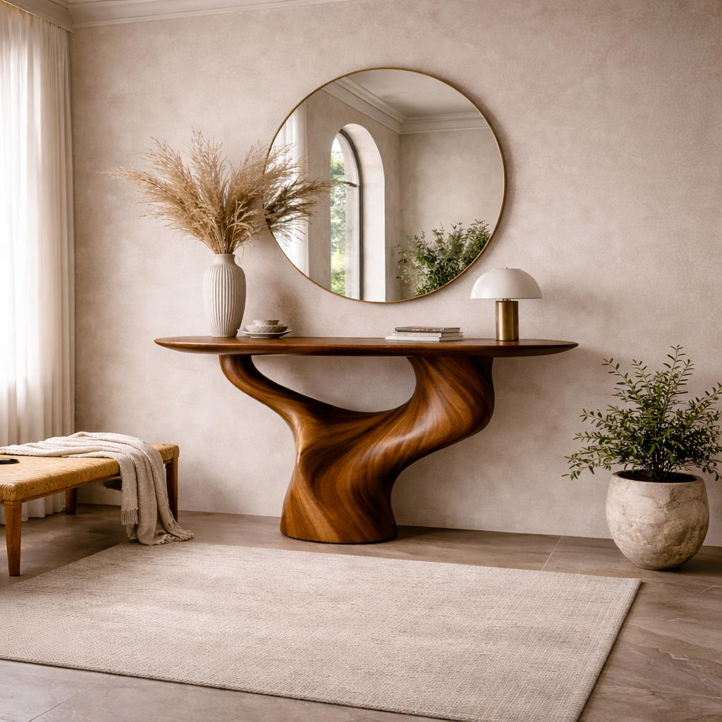 Modern Sculptural Solid Wood Console Table with Curved Base for Entryway