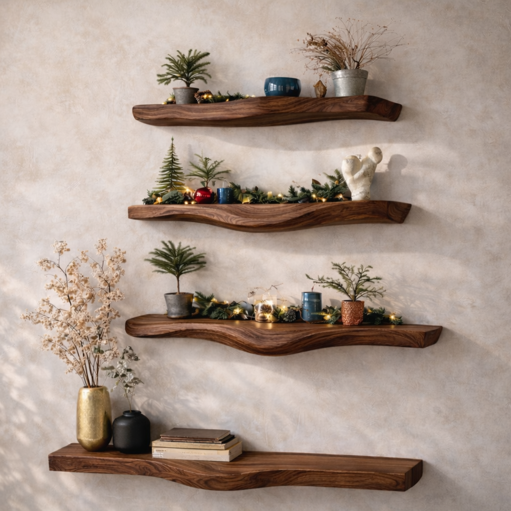Solid Wood Live Edge Floating Shelves – Natural Rustic Storage