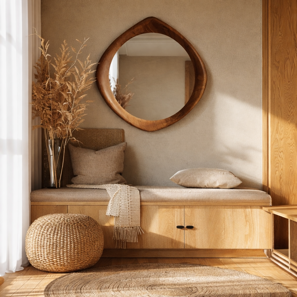 Organic Wooden Wall Mirror – Modern Natural Home Decor Accent