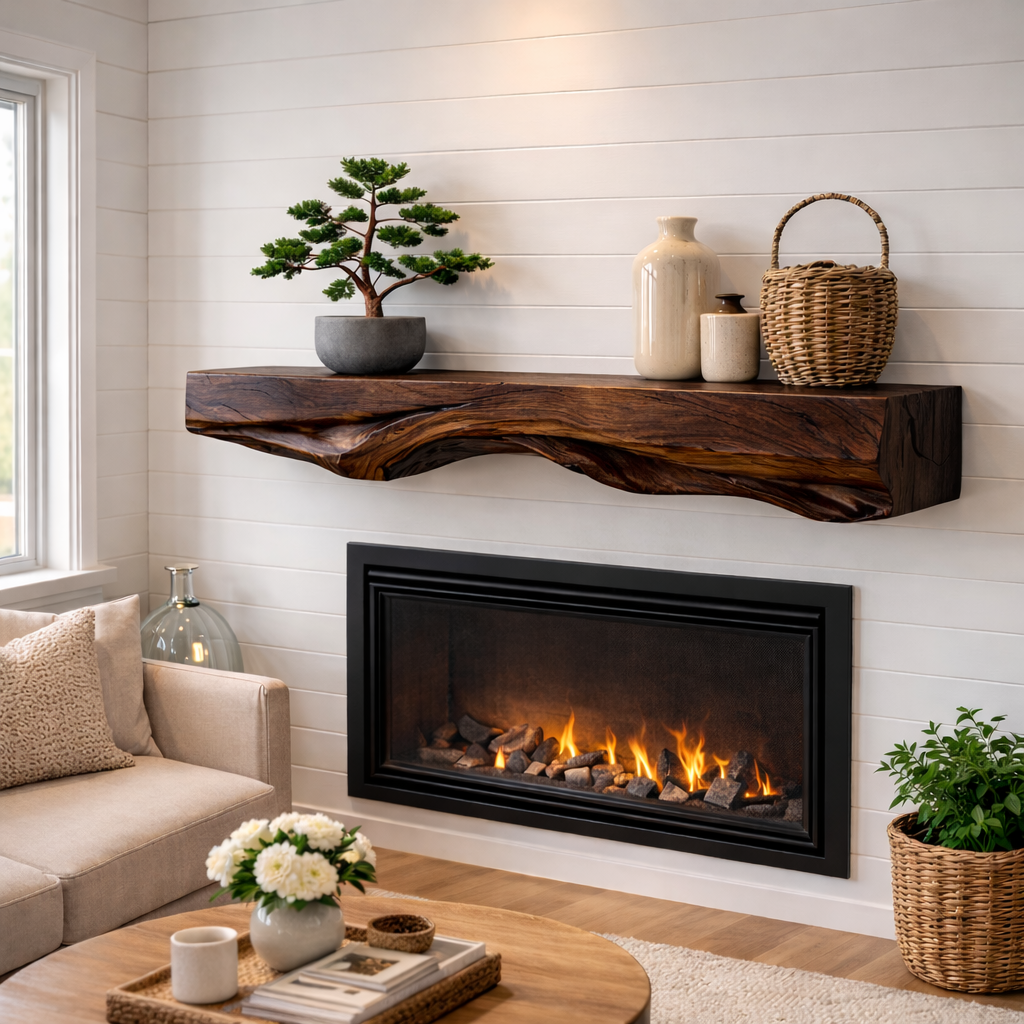 Live Edge Mantel Shelf – Rustic Solid Wood Floating Fireplace Shelf
