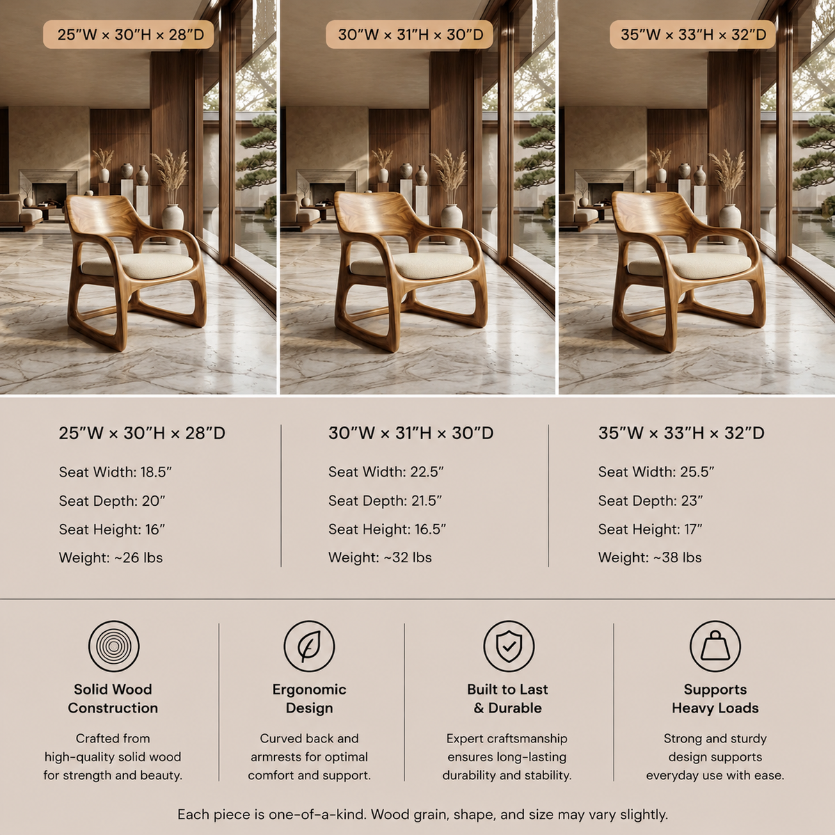 Sculptural Lounge Chair – Solid Wood Accent Chair with Cushioned Seat