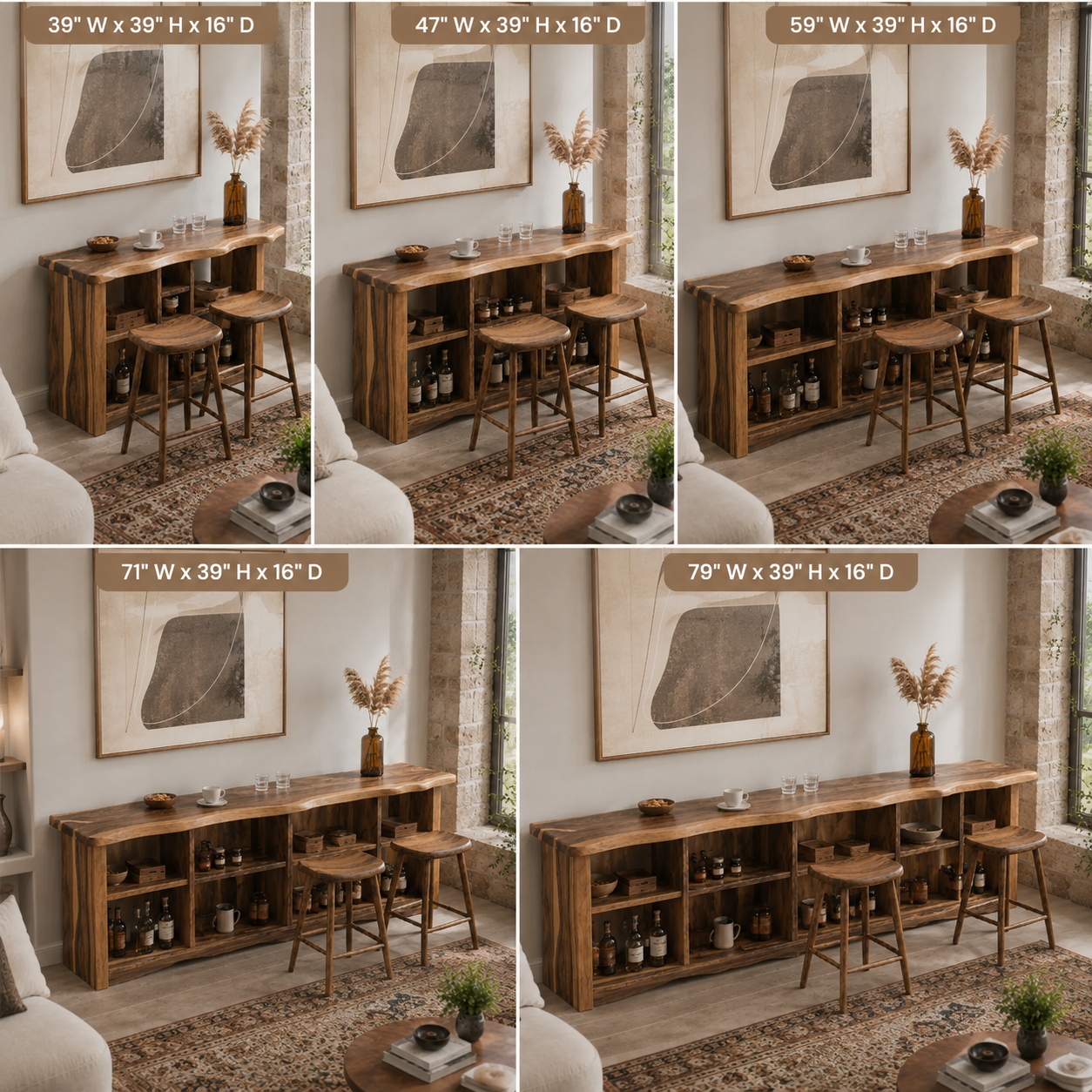 Live Edge Wood Bar Table Set – Solid Wood Home Bar Counter with Stools for Living Room Decor