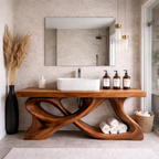 Artisan Solid Wood Bathroom Vanity with Sculptural Cross-Base & Mirror