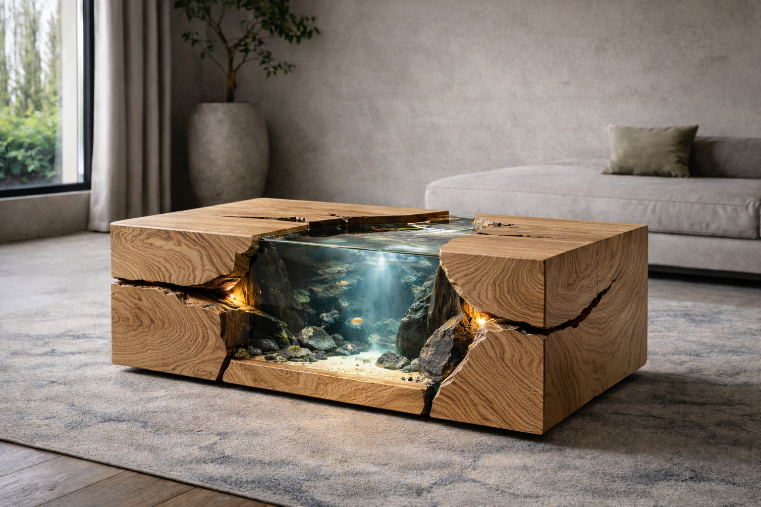 Solid Wood Aquarium Coffee Table – Sculptural Design with Glass Tank