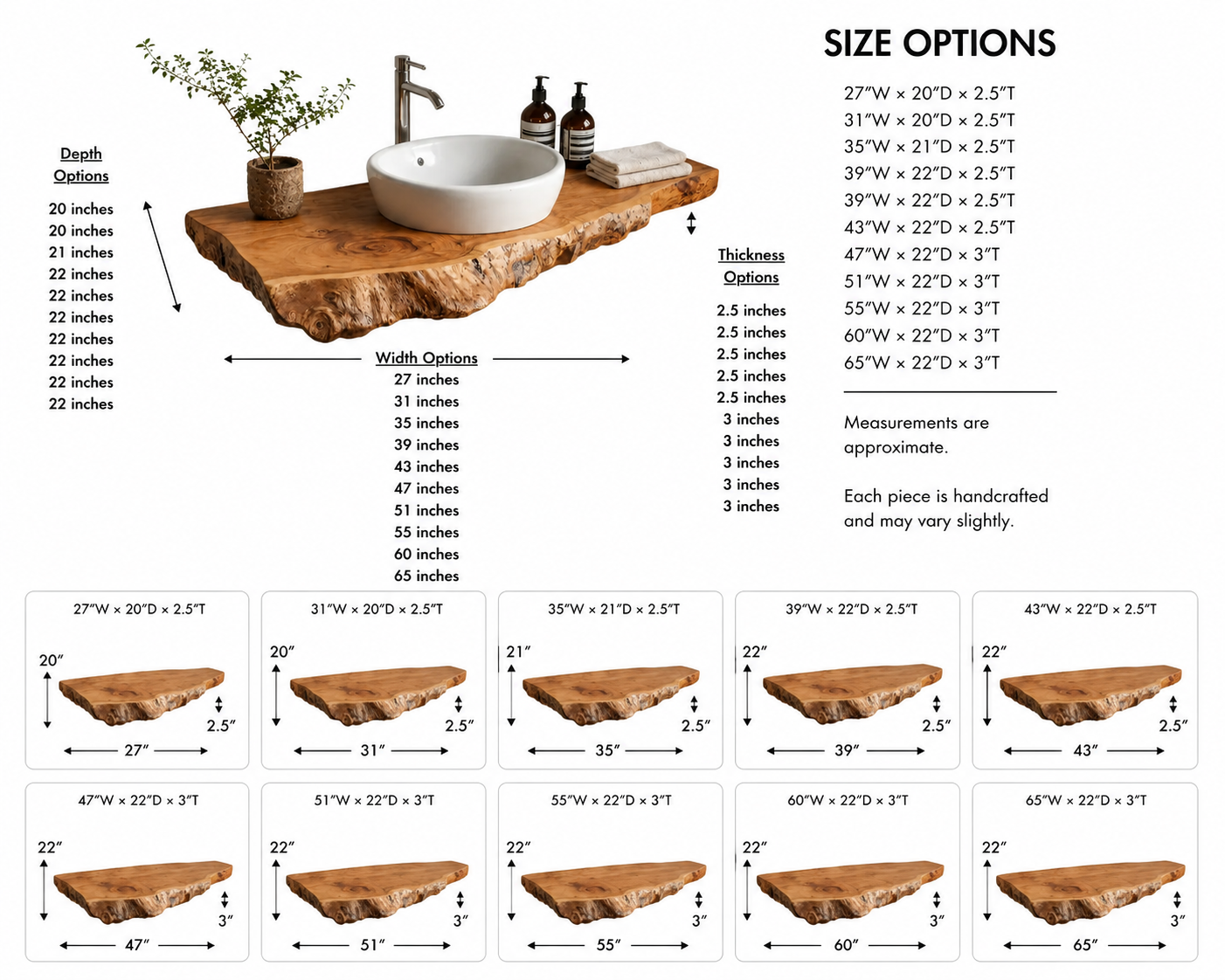 Live Edge Wood Floating Vanity – Solid Wood Wall Mounted Sink Console for Bathroom Decor