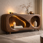 Sculptural Fireplace TV Stand – Solid Wood Media Console for Living Room