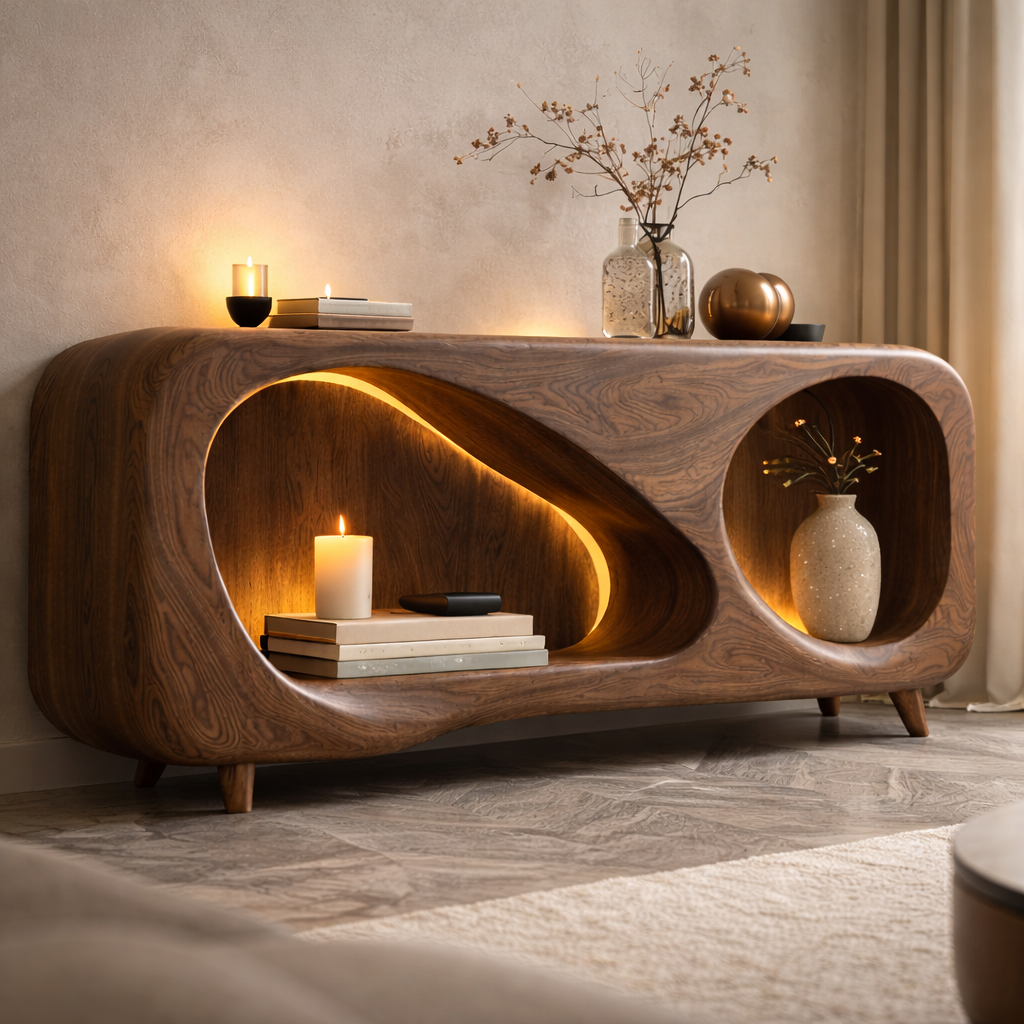 Sculptural Fireplace TV Stand – Solid Wood Media Console for Living Room