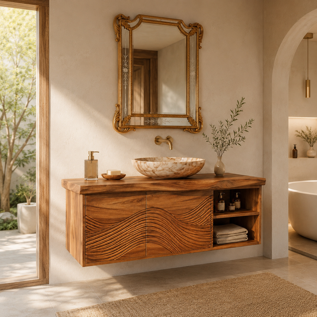 Wave Carved Wood Bathroom Vanity – Solid Wood Floating Sink Cabinet with Open Storage for Bathroom Decor Main Image