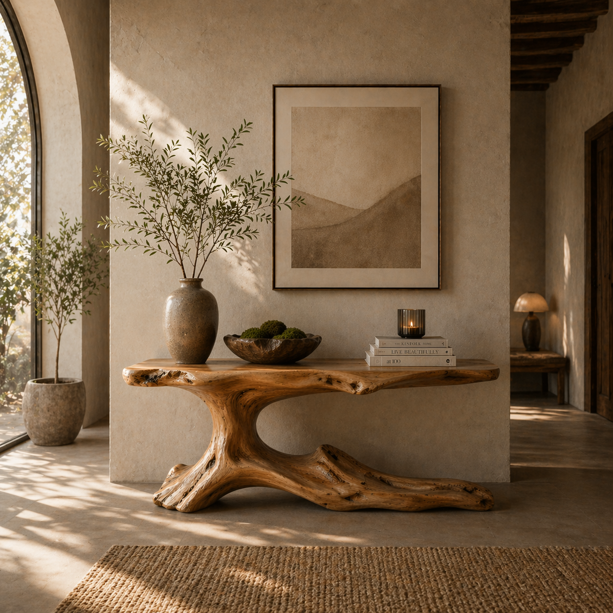 Handcrafted Solid Wood Console Table – Sculptural Curved Base Design