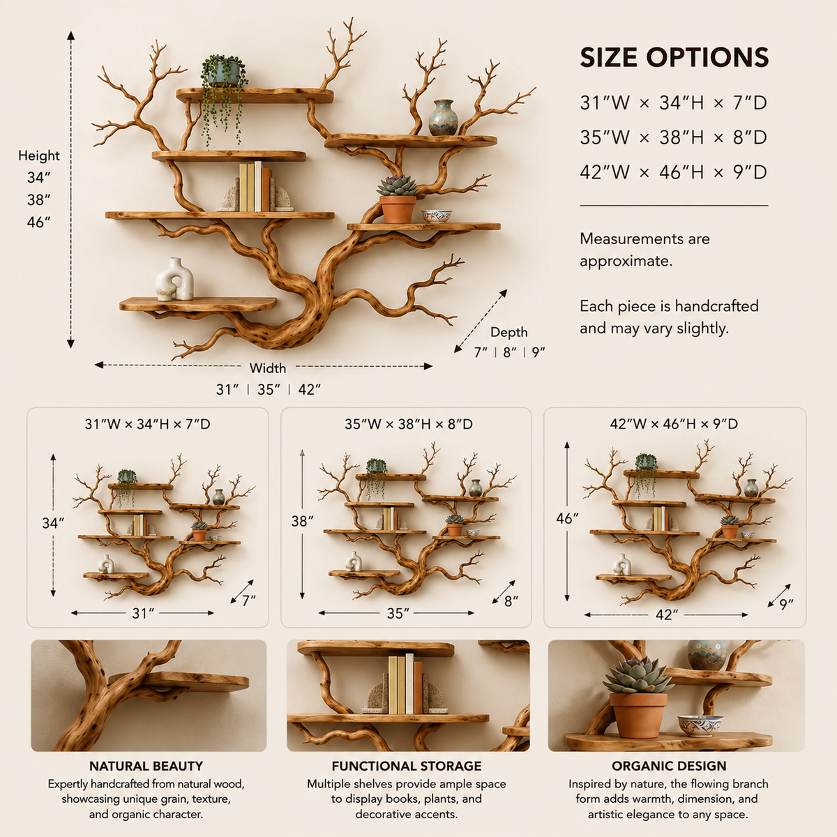 Tree Branch Wall Shelf – Solid Wood Display Shelf for Living Room