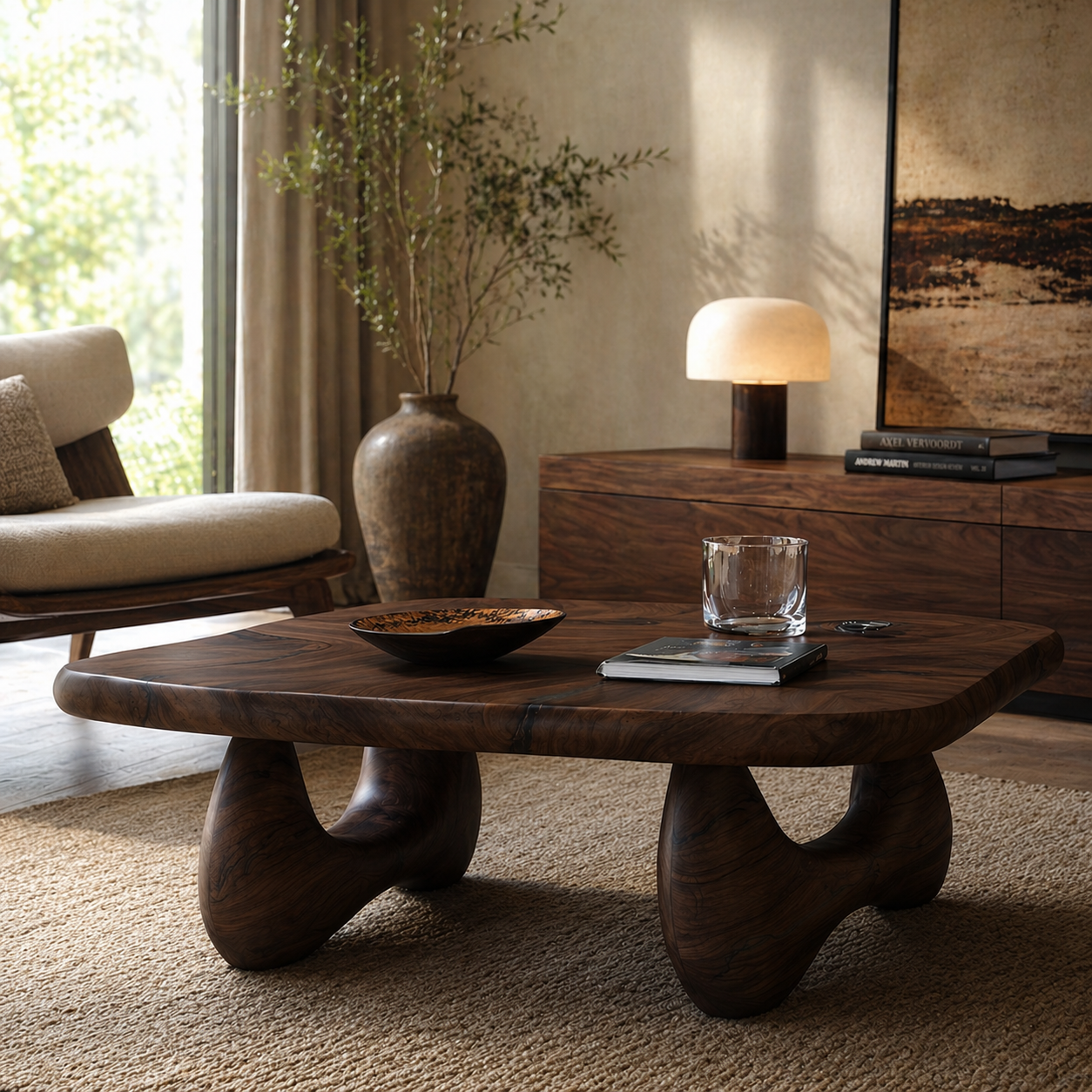 Rounded Coffee Table – Solid Wood Modern Table for Living Room Decor
