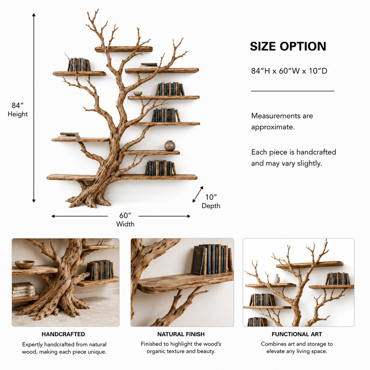 Tree Branch Bookcase – Solid Wood Display Shelf for Living Room