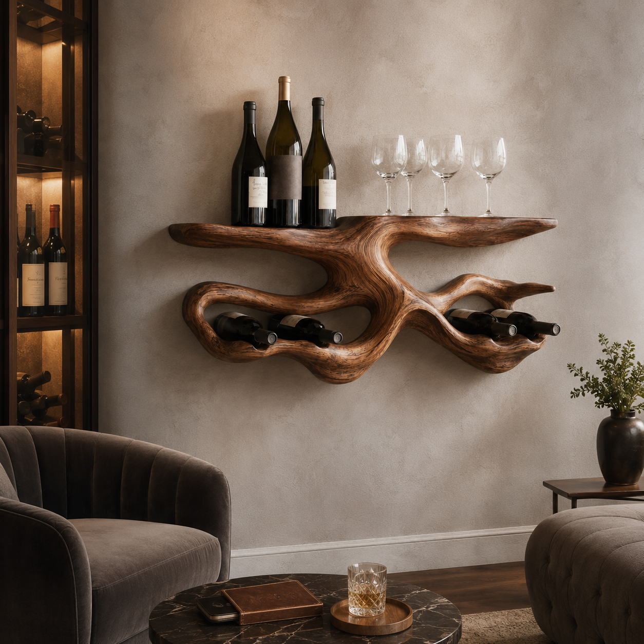 Branch Wood Wall Wine Rack – Solid Wood Bottle and Glass Display Shelf for Kitchen Decor